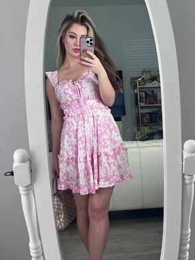 Pink Floral Ruffle Mini Dress with Smocked Waist